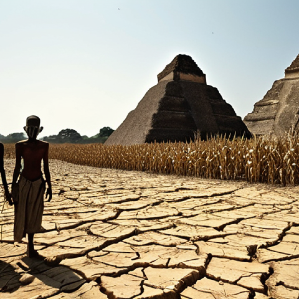**

A desolate Maya city during a prolonged drought. Cracked earth stretches towards crumbling pyramids under a harsh, cloudless sky. In the foreground, withered corn stalks stand as a testament to failed crops. Emaciated figures huddle in the shadows, desperation etched on their faces.

**