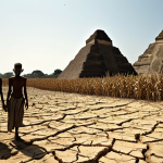 **

A desolate Maya city during a prolonged drought. Cracked earth stretches towards crumbling pyramids under a harsh, cloudless sky. In the foreground, withered corn stalks stand as a testament to failed crops. Emaciated figures huddle in the shadows, desperation etched on their faces.

**