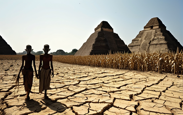 **
A desolate Maya city during a prolonged drought. Cracked earth stretches towards crumbling pyramids under a harsh, cloudless sky. In the foreground, withered corn stalks stand as a testament to failed crops. Emaciated figures huddle in the shadows, desperation etched on their faces.
**