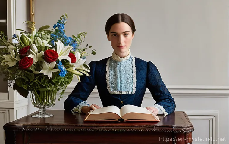 앤 플라워 미스테리 - **Prompt:** A Victorian-era lady, elegantly dressed in a modest, high-necked lace gown with long sle...