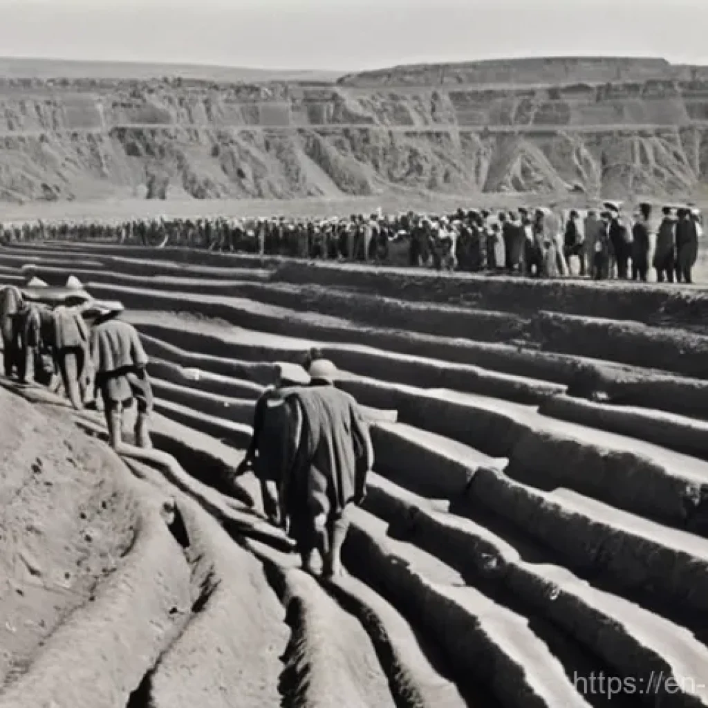 남아공 다이아몬드 지대 유령사건 - **Prompt:** "A wide shot of a vast, open-pit diamond mine in late 19th-century South Africa, bustlin...