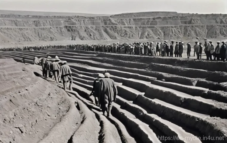 남아공 다이아몬드 지대 유령사건 - **Prompt:** "A wide shot of a vast, open-pit diamond mine in late 19th-century South Africa, bustlin...