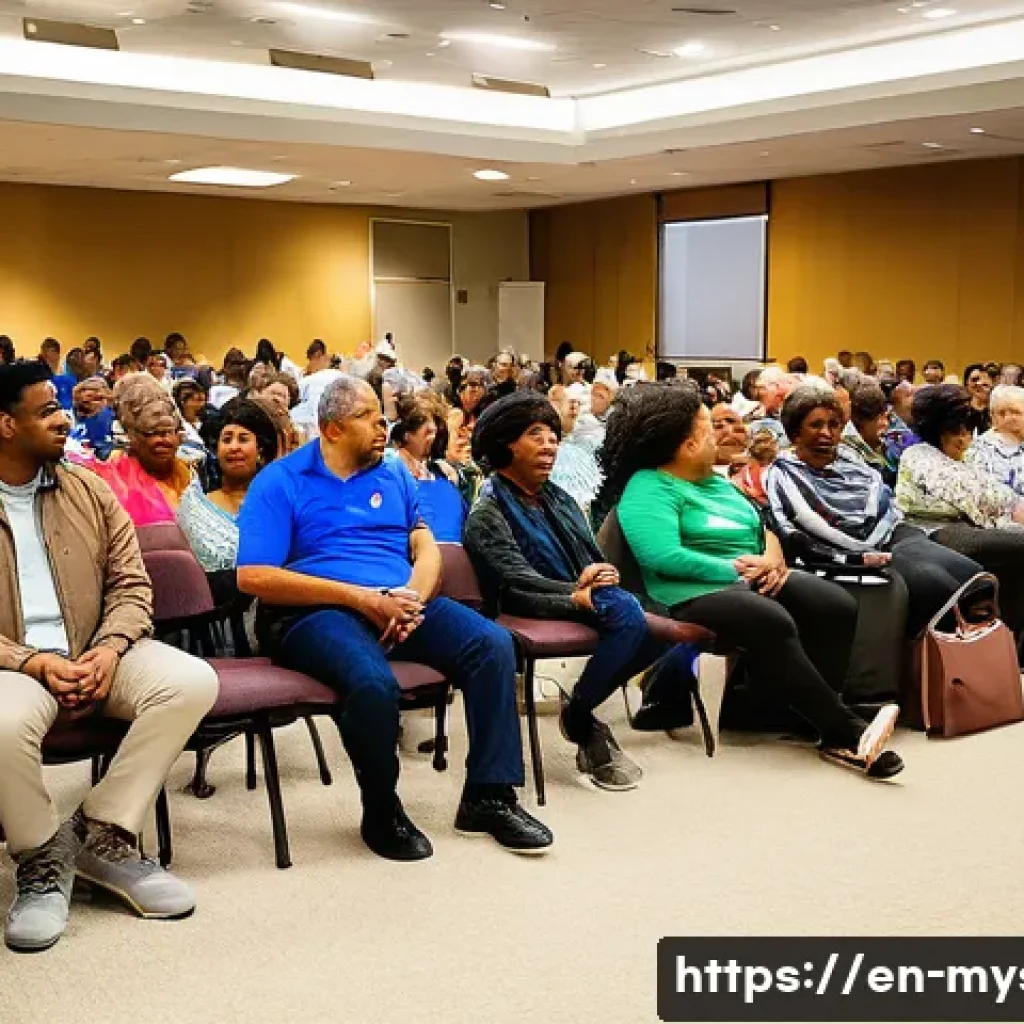 호주 라미토리 사건 - A diverse community town hall meeting in a modern civic center, featuring engaged residents of vario...