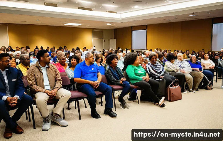 호주 라미토리 사건 - A diverse community town hall meeting in a modern civic center, featuring engaged residents of vario...