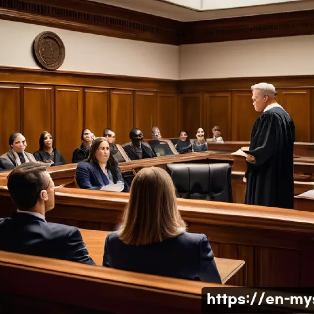 핸리 이스턴 사건 - A tense courtroom scene showing diverse lawyers and witnesses during a high-profile trial; the judge...