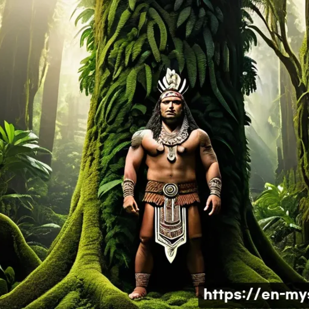 뉴질랜드 마오리 전설의 의문 - A majestic depiction of Tāne Mahuta, the Maori god of forests and birds, standing tall amidst an anc...