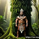 뉴질랜드 마오리 전설의 의문 - A majestic depiction of Tāne Mahuta, the Maori god of forests and birds, standing tall amidst an anc...