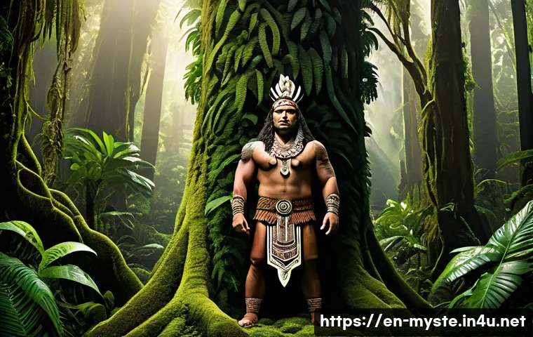 뉴질랜드 마오리 전설의 의문 - A majestic depiction of Tāne Mahuta, the Maori god of forests and birds, standing tall amidst an anc...