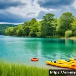 토드 마르틴 익사 사건 - A realistic scene of a serene lake with subtle, invisible rip currents beneath the surface, showing ...