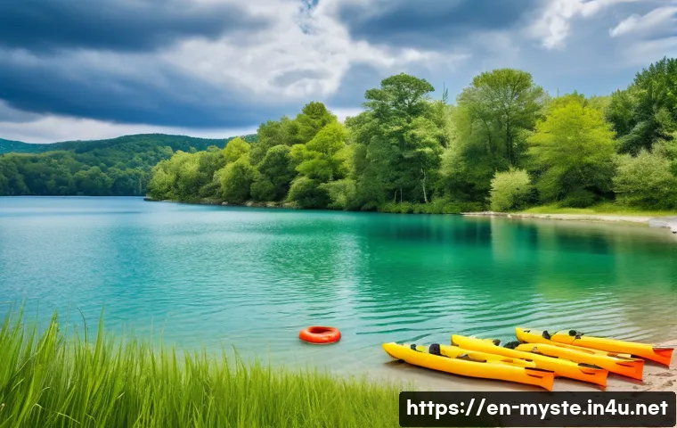 토드 마르틴 익사 사건 - A realistic scene of a serene lake with subtle, invisible rip currents beneath the surface, showing ...