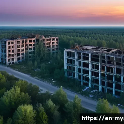 체르노빌 인근 초자연적 사건 - A twilight scene over the abandoned ghost town of Pripyat, featuring eerie, glowing orbs of light fl...