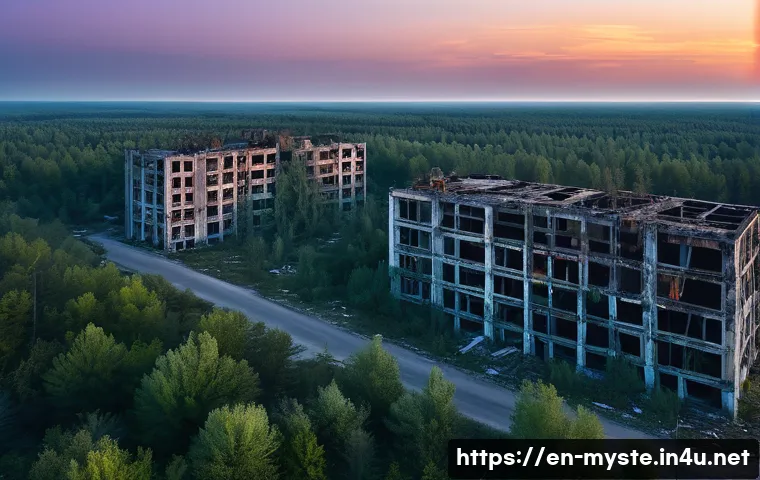 체르노빌 인근 초자연적 사건 - A twilight scene over the abandoned ghost town of Pripyat, featuring eerie, glowing orbs of light fl...