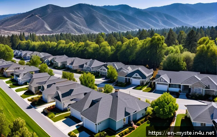힐스보로 화재 사건 - A detailed suburban neighborhood scene during a wildfire threat, showing houses built with fire-resi...