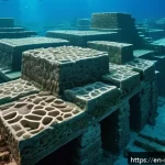 그리스 아틀란티스의 진실 - An expansive underwater cityscape featuring ancient submerged ruins off the coast of Spain and Moroc...