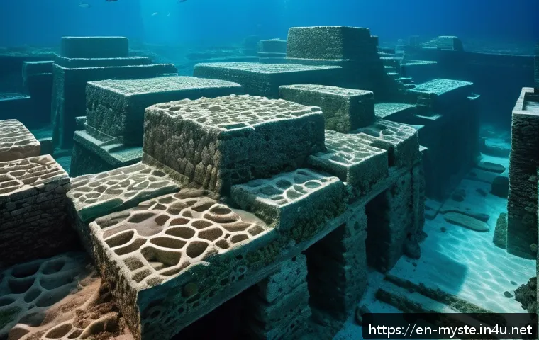 그리스 아틀란티스의 진실 - An expansive underwater cityscape featuring ancient submerged ruins off the coast of Spain and Moroc...