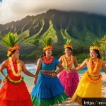하와이 하롤드 사건 - A vibrant Hawaiian community festival scene set during golden hour, showcasing a diverse group of is...