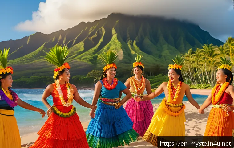 하와이 하롤드 사건 - A vibrant Hawaiian community festival scene set during golden hour, showcasing a diverse group of is...