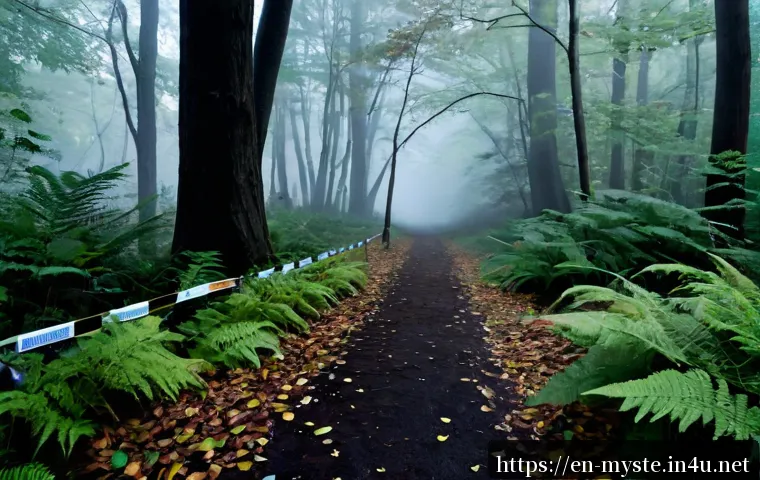 Home 17 뉴저지의 숲속 의문사 - Photorealistic dawn scene in a dense New Jersey woodland, a quiet forest trail bordered by oak trees...